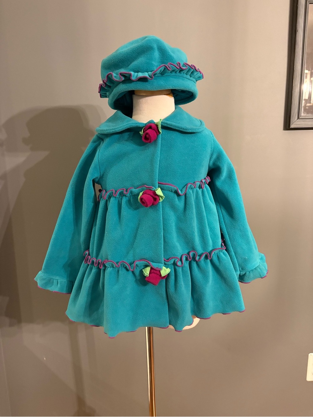 Pete’s Partner Teal Fleece Coat and Hat Set Magenta Rose and Ruffle Accents